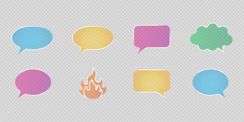 Collection liquid glass frame Vibrant speech bubbles, message boxes, and a fire flame icon