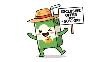 Animated Juice Box Promo: A cheerful cartoon juice box with a straw and a sunhat joyfully presents an 'Exclusive Offer' sign, highlighting a tempting discount, perfect for summer promotions.