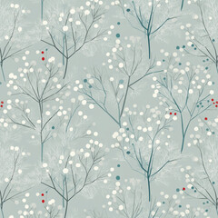 Delicate winter forest pattern with bare branches and berries on blue