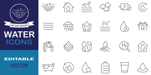 Water editable outline icon set symbol collection. Set of 24 icons related to glass of water, shower, drinking water, drink, water drop, drop, rain, purification, droplets, hydration and more symbol.
