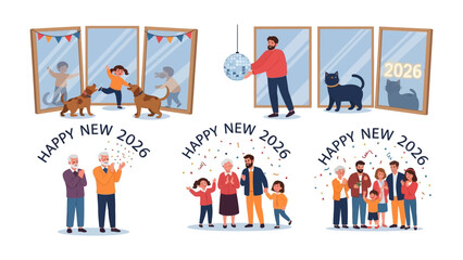 New Year's Celebrations & Reflections: A collage of illustrations depicts the joy and anticipation of welcoming the year 2026, through festive gatherings, mirrored reflections, and cherished moments.