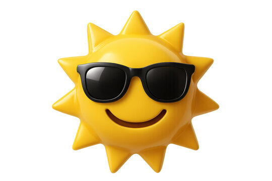 Yellow sun emoji wearing cool sunglasses for summer fun and happy weather forecasts on transparent background