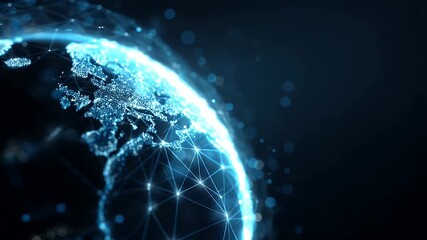 Abstract glowing digital network overlaying a detailed representation of the earth s continents illuminated by bright blue particles and interconnected lines - Powered by Adobe