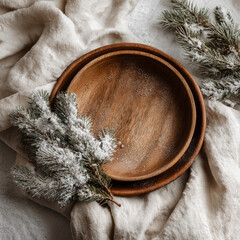 Wooden plates with snowy pine branches on linen fabric backdrop