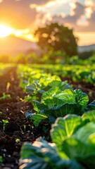 Row of cabbage at golden sunset