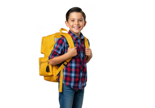 Cheerful young boy wearing a plaid shirt and jeans with a bright yellow backpack ready for school isolated on transparent background