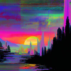 Cyberpunk city skyline at sunset with vibrant glitch art effect
