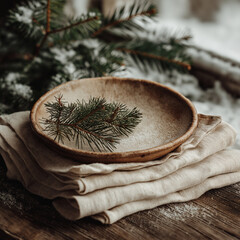 Rustic wooden plate with pine sprig on linen napkin and snowy branch