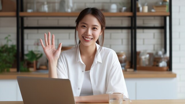 Professional woman smiling at laptop working in modern office environment with technology, communication, and teamwork, showcasing confidence and success