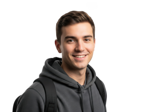 A young caucasian man with short brown hair and a friendly smile wearing a grey hooded sweatshirt and a backpack isolated on transparent background