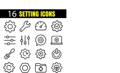 Professional Settings Icon Set, Modern Configuration Symbols, Gear Outline Vector Collection, Technology Adjustment Tools Pack, Minimal Line Art Interface Elements