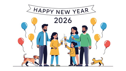 New Year's toast: A vibrant and colorful illustration captures a moment of family unity as they celebrate the new year with a toast, balloons, and joyful pets.