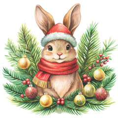  rabbit in a red Santa hat and plaid scarf clipart white background 