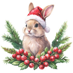 rabbit in a red Santa hat and plaid scarf clipart white background 