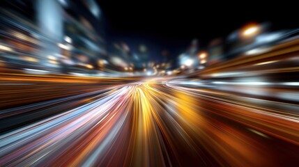 Dynamic urban night scene with vibrant streaks of light illustrating motion blur, long exposure effects, city transportation, energetic speed lines, and futuristic cityscape