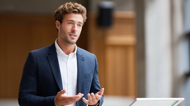 Professional businessman giving confident presentation in formal suit during corporate meeting, demonstrating leadership, communication skills, teamwork, and success - Powered by Adobe