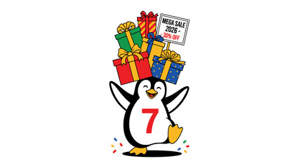 Penguin and Gifts: A cheerful penguin balances a stack of colorful gift boxes, promoting a Mega Sale with discounted prices, all set for a celebratory promotion.