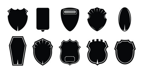Blank police badge and shield shapes collection, security protection emblem, icon set.