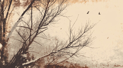 Bare tree branches reaching skyward in vintage sepia tone with flying bird silhouette