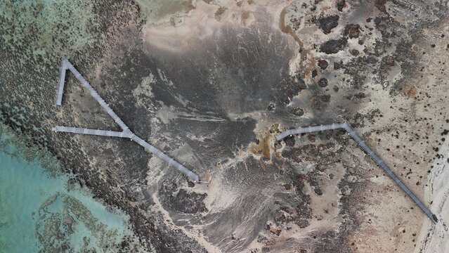 Scenic panoramic drone shot of Hamelin Pool WA with shallow sea and bright blue coastline - Powered by Adobe