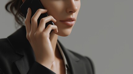 Professional businesswoman using smartphone during important client call in modern office environment emphasizing communication, success, and corporate professionalism