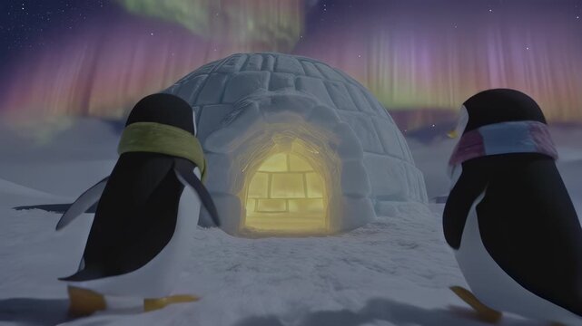 Two penguins approach a glowing igloo under a starry sky
