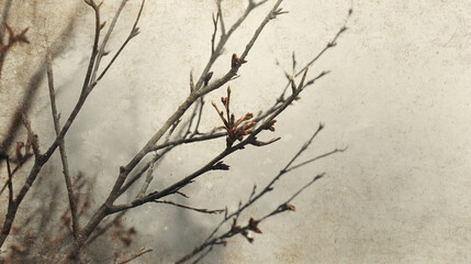 Bare tree branches with buds against a soft, textured, aged background.