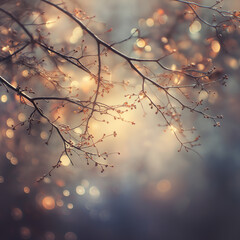 Delicate bare tree branches with soft bokeh lights in warm tones