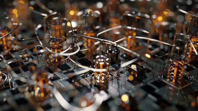 A close up of a circuit board with many small gold colored components. Macro shot tiny interconnected compute nodes forming fluid urban topology, systemic emergent behavior, digital city ecosystem