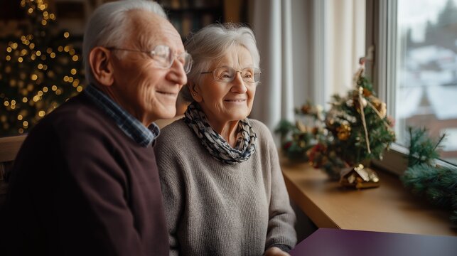 Heartwarming elderly couple enjoying joyful holiday celebration indoors, capturing warmth, love, and happiness with family and friends in a cozy, festive atmosphere