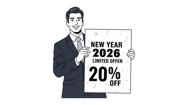 New Year 2026 Limited Offer: A smartly dressed man presents a promotional sign, advertising a New Year 2026 Limited Offer with a generous 20% discount.