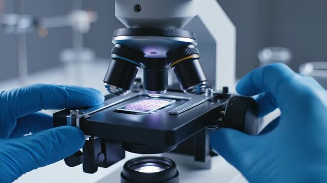 Scientist adjusting slide on optical microscope in laboratory setting