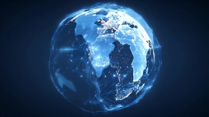 Digital representation of planet earth glowing with interconnected data streams and city lights illuminating continents on a dark blue background - Powered by Adobe