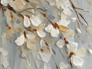 Textured oil painting of delicate cream and white flowers on branches