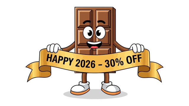 Chocolate Character with Banner: A cartoon chocolate bar enthusiastically holds a banner, advertising a special promotion with a friendly, welcoming demeanor.