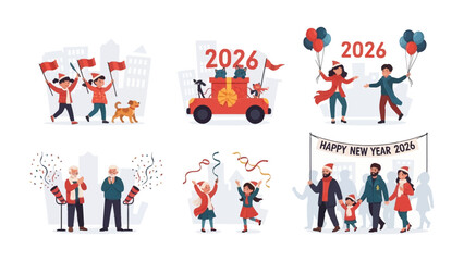 New Year Celebration in 2026: A collection of festive illustrations, capturing the joy and spirit of welcoming the new year with balloons, flags, and family celebrations.