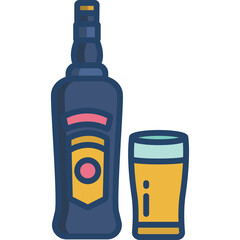 Dark blue bottle with amber liquid beside a clear glass filled with amber beverage a yellow label on the bottle with a red circle in the center isolated on a transparent background