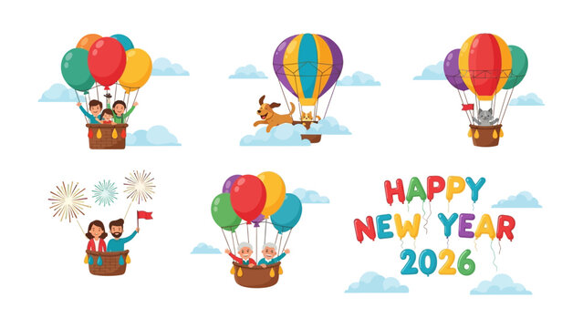 Balloon Fantasy: Whimsical illustrations depict a festive celebration of happiness and new beginnings, with colorful hot air balloons soaring amidst fluffy clouds against a bright sky. 