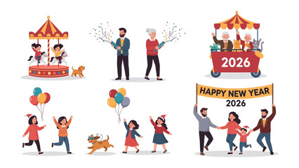 New Year Celebrations 2026: Various scenes depict festive celebrations, joyful family moments, and vibrant amusement park, all under the banner of the coming year.