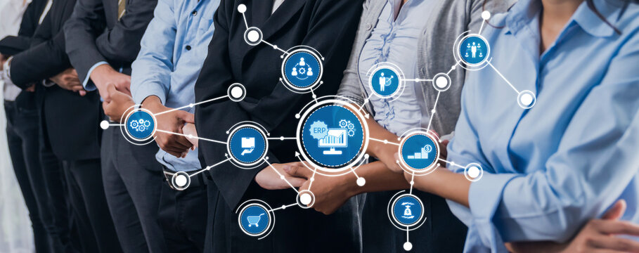 A group of professionals stands together, symbolizing collaboration in a business environment, supported by digital connections representing strategies and growth opportunities. Amity