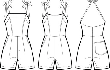 Women’s romper CAD flat vector illustration, front and back technical fashion sketch, playsuit clothing template, apparel design, garment pattern mockup