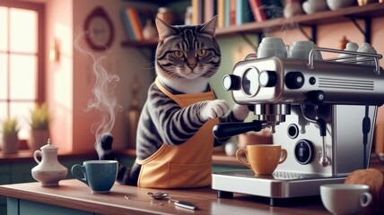 Cat barista making coffee with espresso machine in cozy cafe
