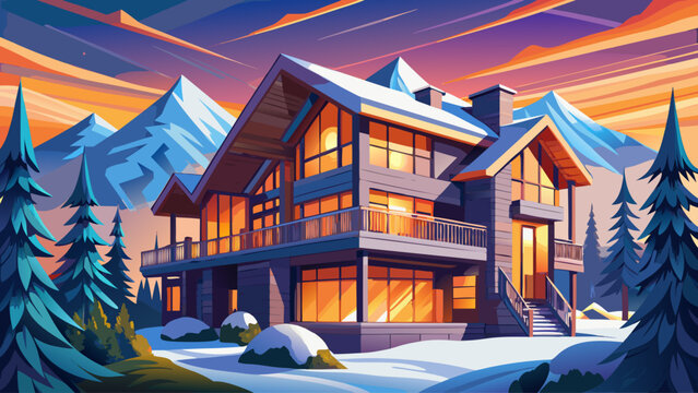 A breathtaking modern luxury chalet in Aspen, Colorado, surrounded by snow-covered pine trees and mountain peaks glowing in the sunset light. A dream winter getaway exuding warmth, elegance