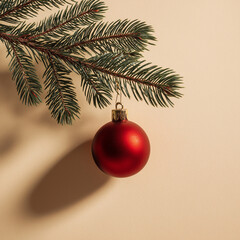 Red christmas ornament hanging from pine tree branch isolated