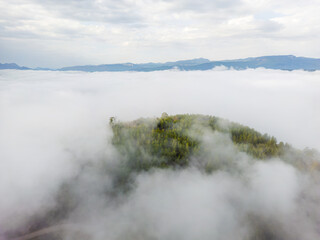 Drone view of forested hills surrounded by low morning fog