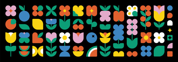 Flower berry fruit abstract geometric shapes. Brutal modern contemporary figure and icon arch cloud vawe star oval circle and other primitive elements. Swiss design aesthetic. Bauhaus memphis design.