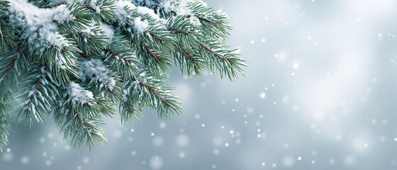 Snow-covered pine branch with falling snow in soft bokeh background