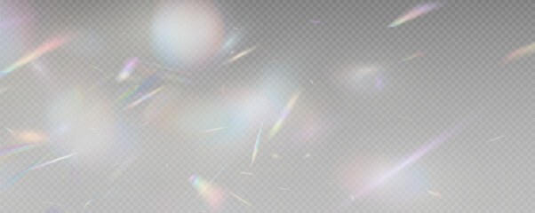 Set of rainbow light flares, reflection effect, falling confetti. Light rainbow lights with transparent effect, sparkling prism, stripe overlay, rainbow crystal, vector, png.