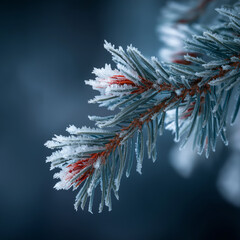 Close up of a frost covered pine tree branch with red needles