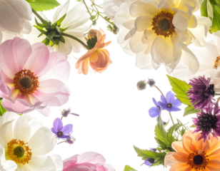 A vibrant floral arrangement featuring diverse blooms and foliage, creating a colorful frame around a central, dark space